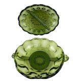 Green Pressed Glass Divided Dish & Handled Bowl