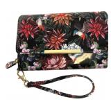 Floral Bird Print Patent Wallet Wristlet