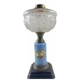 Floral Blue & Clear Glass Oil Lamp Base 12" H