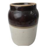 Two-Tone Brown and White Stoneware Crock 9.75" H