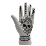 Tattoo-Style Skull & Roses Ceramic Hand Sculpture