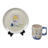 Vintage Hand-Painted Bunny Plate & Mug Set