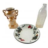 Lusterware Vase, Glass Bottle & Relief Plate
