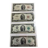 Lot of 4 US Two Dollar Bills 1953 1976 2003