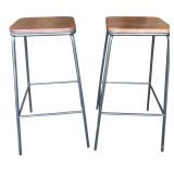 Pair of Industrial Wood & Metal Bar Stools