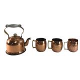 VTG Copper Tea Kettle & 3 Hammered Mugs