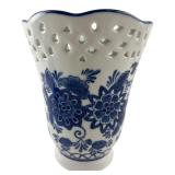 Blue & White Floral Reticulated Vase 8"H