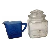 Blue Glass Creamer & Clear Glass Lidded Jar