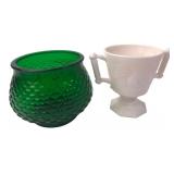 E.O. Brody Green Glass Bowl & Pink Milk Glass Urn