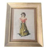 Framed Needlepoint Girl Holding Cat Artwork