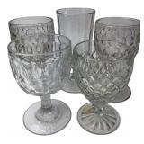 Set of 5 Assorted Clear Pressed Glass Goblets