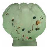 Green Frosted Art Glass Vase Enamel Decor