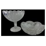 Clear Glass Footed Compote & Pressed Pattern Bowl