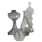 Four Assorted Clear Glass Bottles & Lamp Base