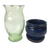 Green Glass Vase & Blue Ceramic Planter