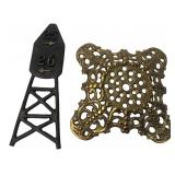Cast Metal Derrick Marker & Brass Trivet Lot