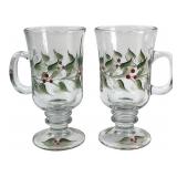 Pair of Hand-Painted Holly Footed Glass Mugs
