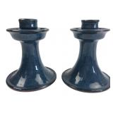Pair Blue Glazed Ceramic Candlesticks