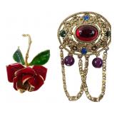 Coro Enamel Rose & Ornate Dangle Brooches