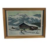 Framed Alpine Winter Chalet Landscape Print