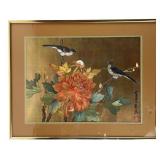 Asian Bird & Peony Artwork Framed 16.5x20.5"