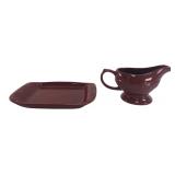 Longaberger Burgundy Pottery Gravy Boat & Plate