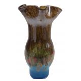 Art Glass Ruffled Vase Blue Crackle Base 11.5" H