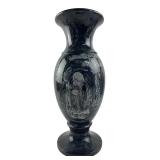 Etched Black Stone/Marble Shou Xing Vase 14H