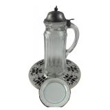 Glass Pitcher with Metal Lid & Trivet Lot an...
