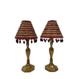 Pr. Brass Candlestick Lamps with Beaded Shades