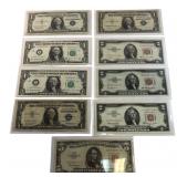 9 Assorted US Currency Notes $1 $2 $5