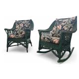 Heywood-Wakefield Green Wicker Rocker & Armchair
