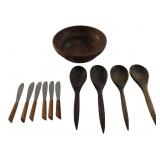 Carved Wood Bowl, Spoons & Spreaders