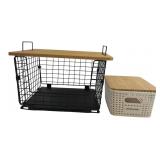 Two Storage Baskets with Wood Lids