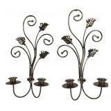 Pair Brass Tone Floral Wall Sconces