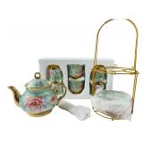 Mint Green Floral Porcelain Tea Set & Stand