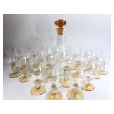 Etched Glass Decanter & Amber Stemware Set