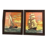 Pair of Nautical Paint-by-Number Ship Paintings