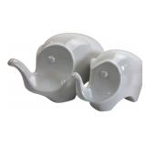 Pair of Modern White Ceramic Elephant Figurines
