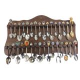 Vintage Souvenir Spoon Collection & Display Rack
