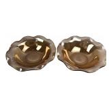 Pair of Amber Glass Scalloped Floral Bowls