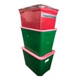Three Plastic Storage Totes Red Green