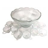 Clear Ribbed Glass Punch Bowl Set with 12 Cups