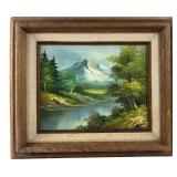 Signed R. Ewes Mountain Lake Landscape Painting