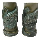 Pair of 12" Tiki Style Green Ceramic Vessels