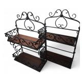 Pair Wrought Iron & Wood 2-Tier Wall Shelves