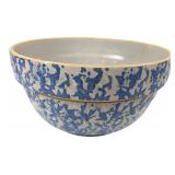 Blue and White Spongeware Stoneware Mixing Bowl