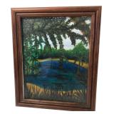 Framed Tropical Landscape Painting 13.5x16.5"