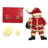 Christmas Santa Brooch, Tree Earrings & Buttons