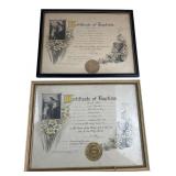 Framed 1920s & 1940s Baptism Certificates